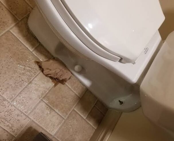 Plumber inspecting a toilet leaking at the base to identify the source of the water leak and prevent damage.